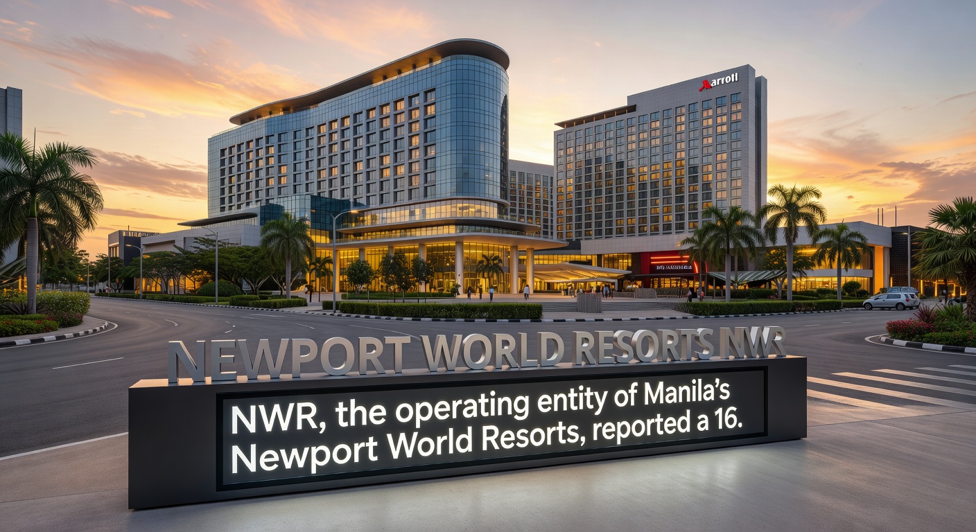Interior view of casino floor at Newport World Resorts with gaming tables and slot machines visible