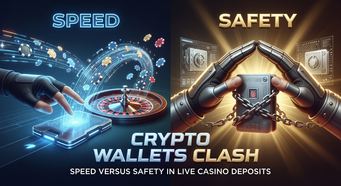 Digital illustration depicting a high-speed race between a sleek hot wallet and a fortified cold wallet, symbolizing the tension between transaction speed and security in crypto deposits for live casinos