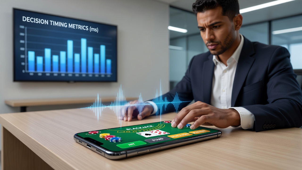 Graph overlay on a smartphone displaying decision time reductions in haptic versus non-haptic blackjack play