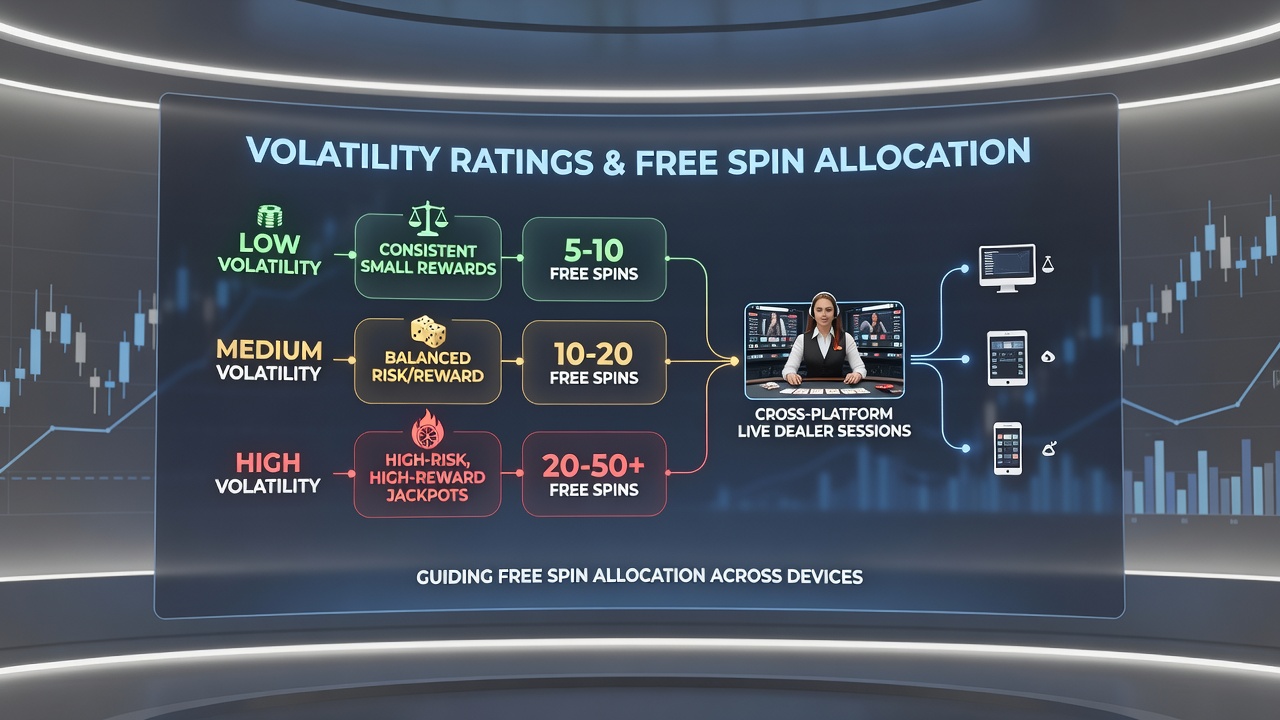Live dealer interface showing free spin prompts tied to game volatility levels