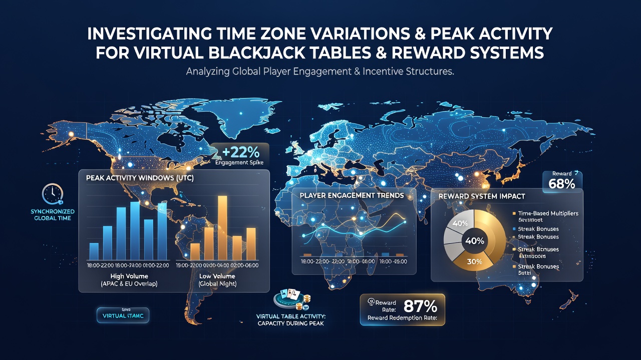 Virtual blackjack interface showing multiple time zone indicators and player activity heatmaps across global regions