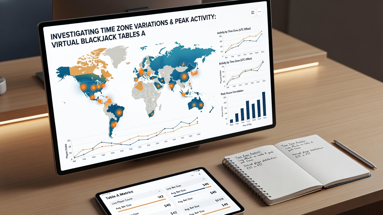 Analytics dashboard displaying blackjack table occupancy rates correlated with global time zones and reward activation periods