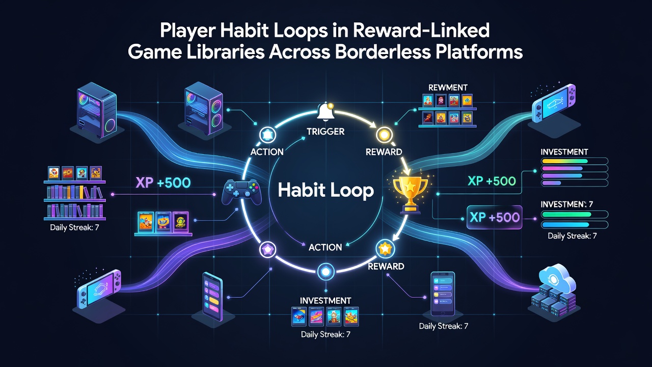 Diagram showing reward-linked loops connecting mobile, desktop, and international access points in gaming libraries