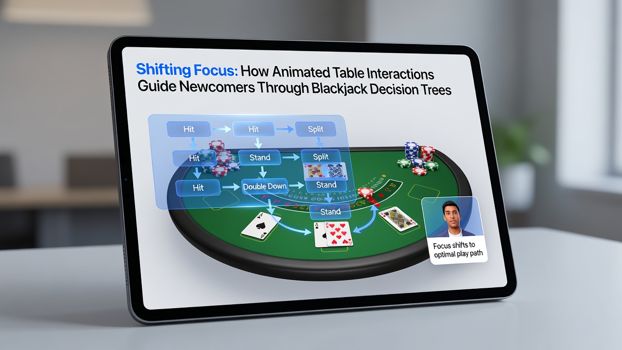 Close-up of animated blackjack decision tree overlay on mobile device