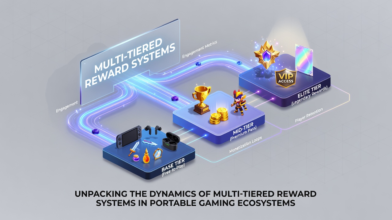 Illustration of mobile gaming interface showing tiered reward progression bars and icons