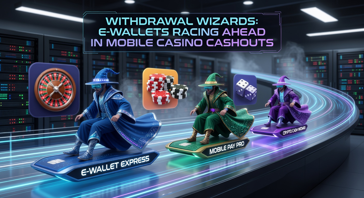 Graph comparing withdrawal speeds: e-wallets in green bars towering over slower bank transfers and cards in red, with mobile icons overlayed